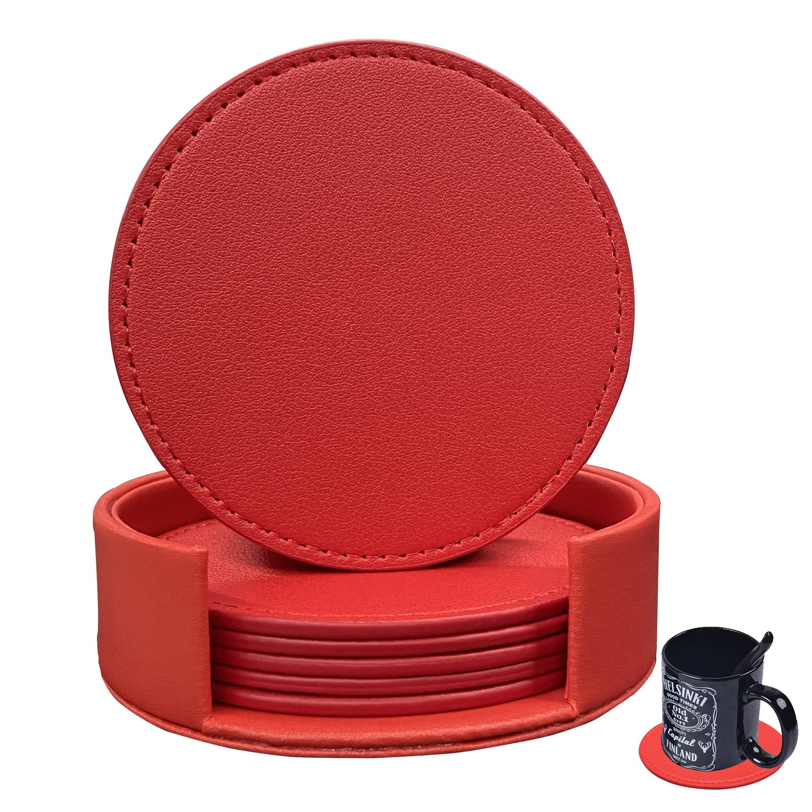 RICHSUM Coasters Set of 6 Soft Leather Drink Coaster Round Coaster with Sewing Around, Suitable for Various Cups, Wooden Tables,Home Decoration,4 Inches(Red)