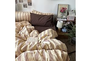 mixinni Retro Striped Duvet Cover Set Queen - 100% Natural Cotton 3-Piece Vintage Red Stripes Pattern Printed Bedding Set, Soft Breathable Comforter Cover with Zipper Closure & Corner Ties, Queen Size