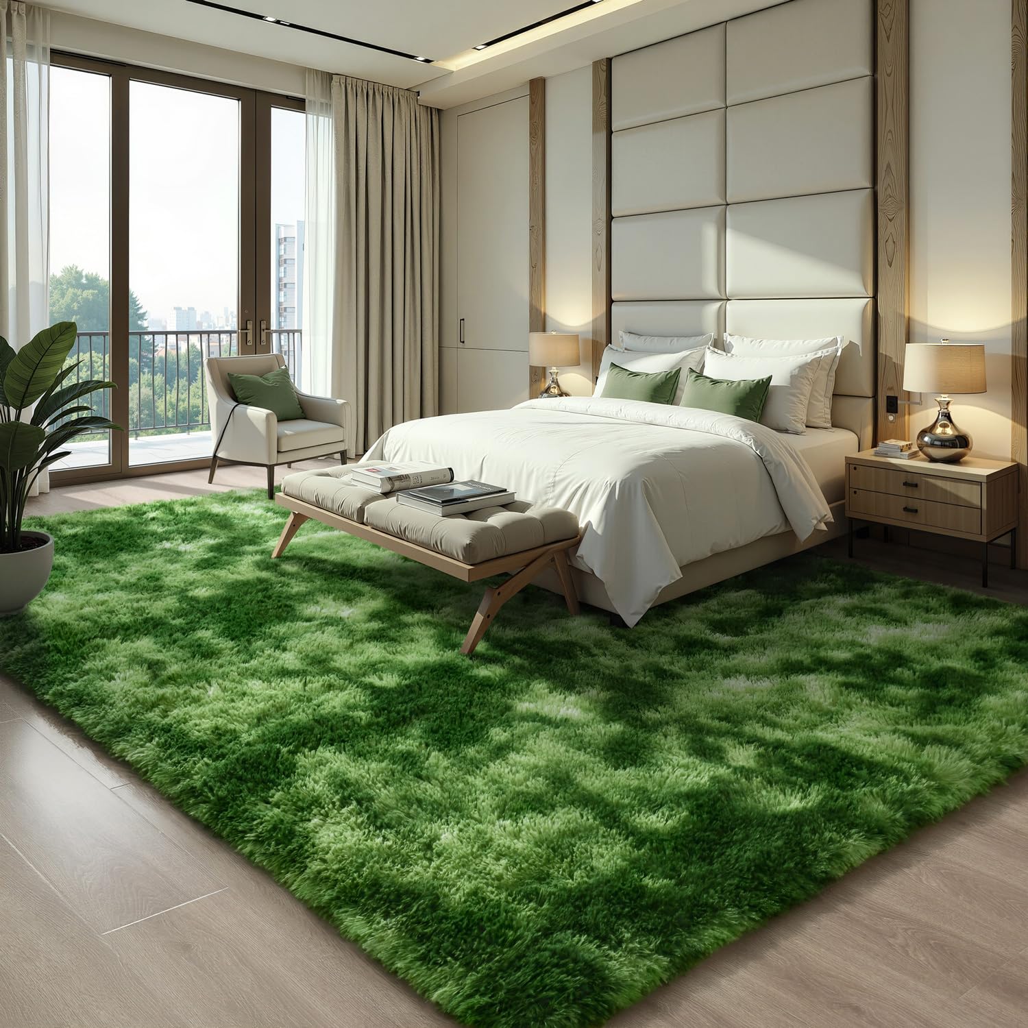 EVOIONOS Ultra Soft Area Rug Bedroom, 4x6 Machine Washable Fluffy Shag Rug Living Room, Plush Non Slip Carpet Indoor Floor Bedside Nursery Kids Girls Room Dorm, Home Decor Aesthetic, ‌Tie-Dye Green Image
