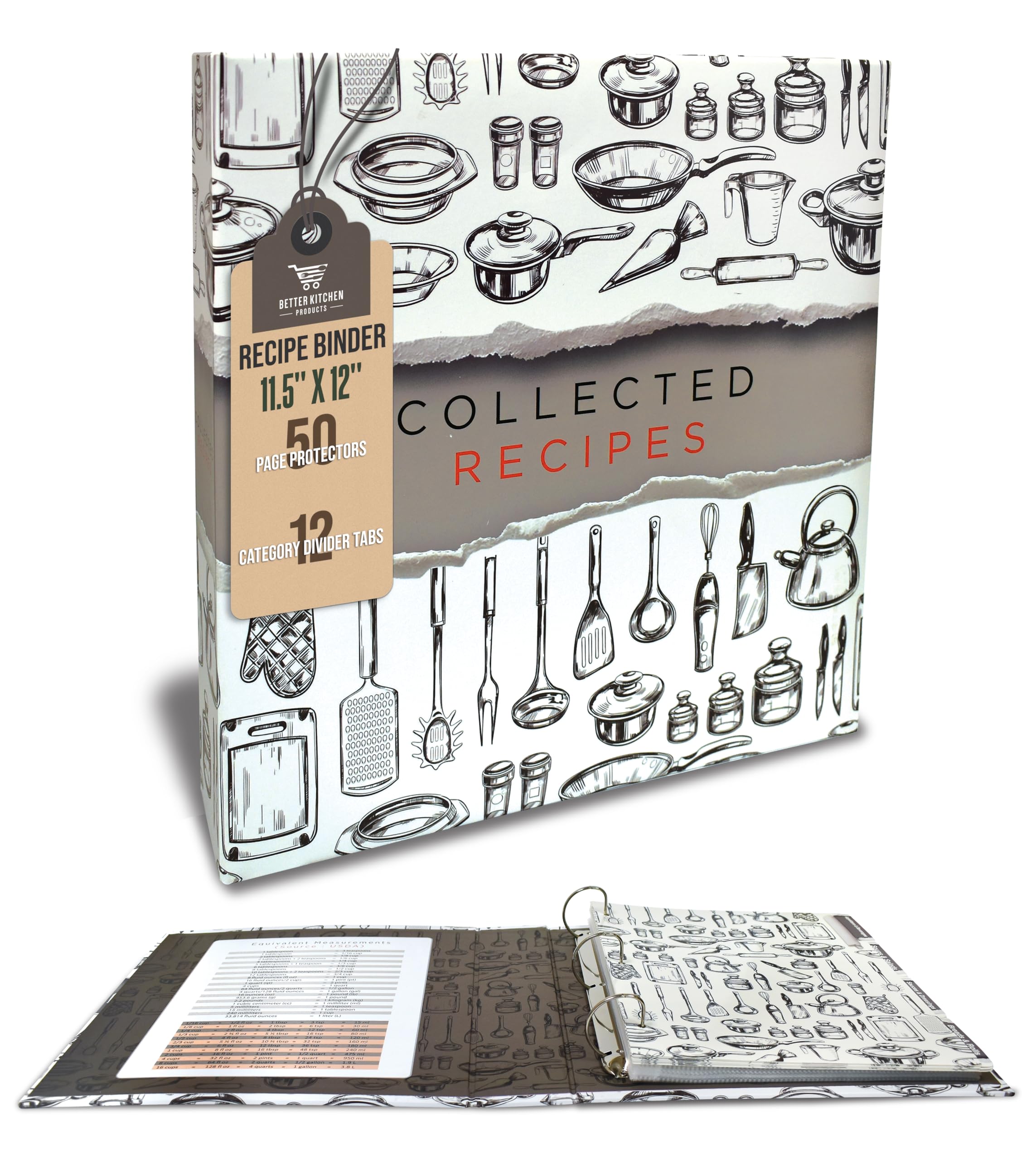 Recipe Binder, Full Page 3 Ring Standard Binder Organizer Set (with 50 Page Protectors & 12 Category Divider Tabs) by Better Kitchen Products, 11.5" x 12" Sleek Kitchen Design