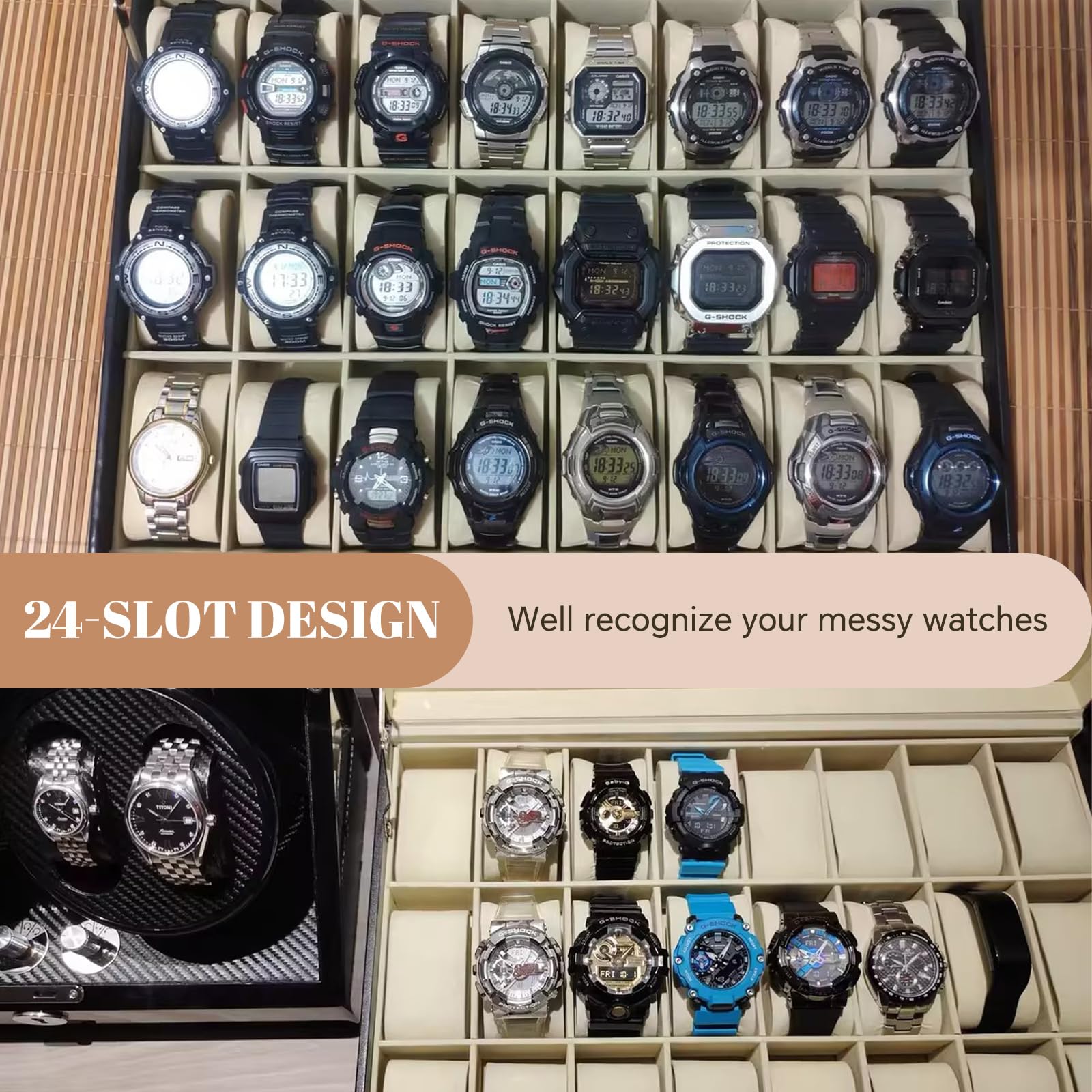 MAOPINER 24 Slot Watch Box - Portable Travel Watch Case & Jewelry Display Drawer