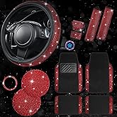 CAR PASS 11 PCS Bling Diamond Car Mats Set for Women Girls, Sparkly Rhinestone Steering Wheel Cover, Waterproof Floor Mats Universal Fit for SUV,Vans,Sedans,Trucks Anti-Slip, Interior Sets Black Red
