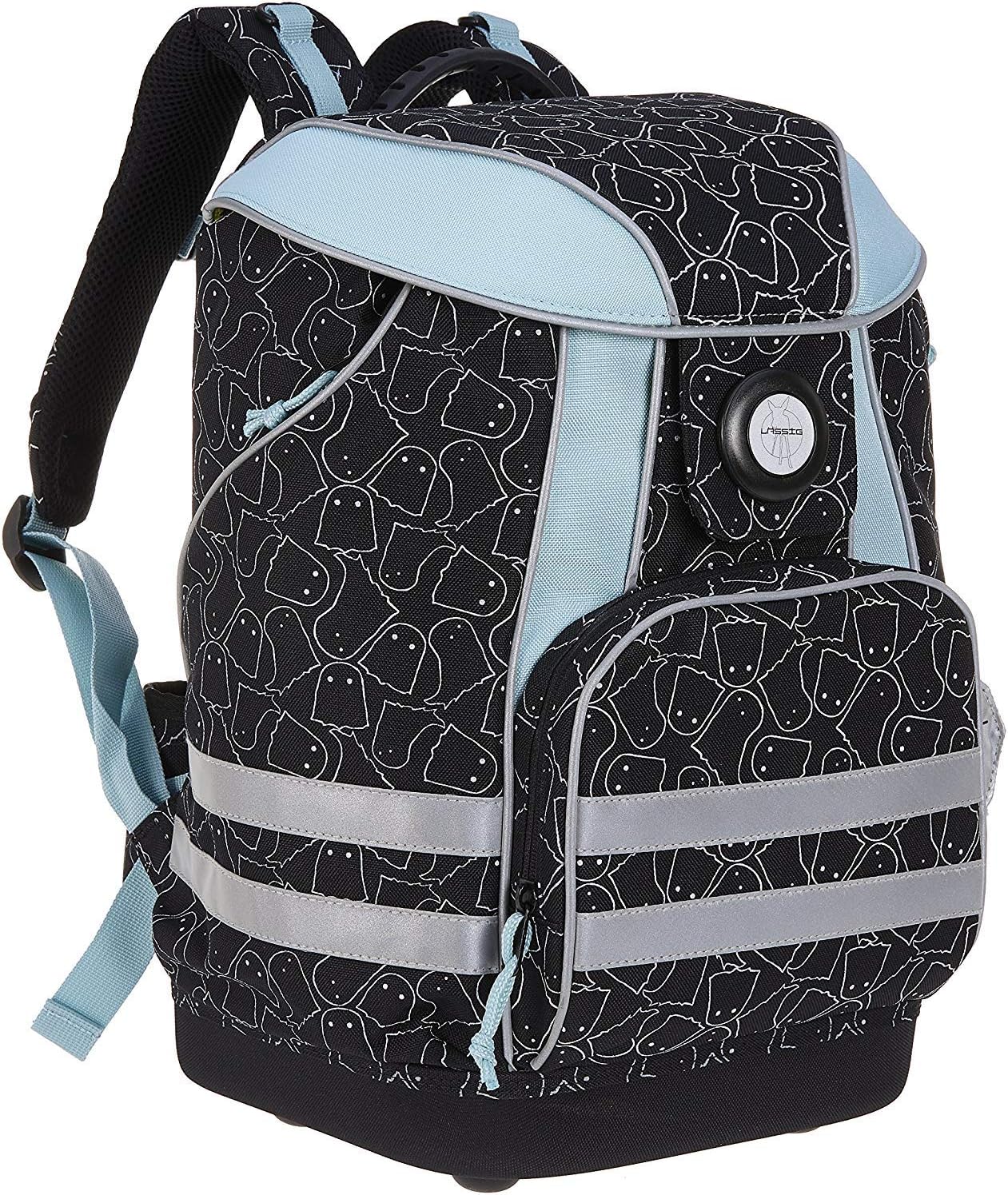 LÄSSIG Schulranzen Grundschulrucksack Tornister mit Klick-Verschluß, Reflektoren, wasserfester Boden, integrierter Regenschutz Mädchen Junge Grundschule / School Bag Spooky, 40 cm, 15 L, Schwarz