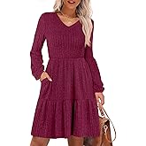 ANRABESS Women's Long Lantern Sleeve Ribbed Knit Dresses V Neck Casual 2025 Fall Winter Flowy Swing Tunic Sweater Short Dress