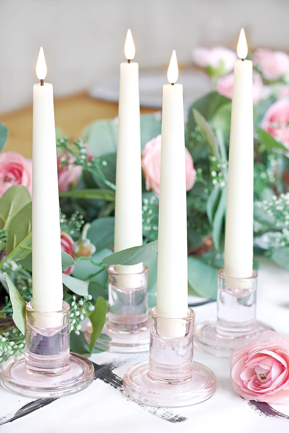 Pink Candle Holder Set - 2.5 Inch Glass Taper Candleholder, Light Blush Pink, Holds Standard Size Tapered Candlesticks, Wedding Centerpiece or Mother's Day Table Decor - Pack of 4: Kitchen & Dining