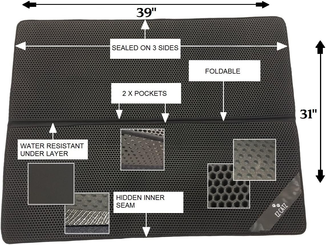 EZ CATZ Jumbo Giant Super Size 39'' x 31'' Double Layer Cat Litter Trapper Mat. Large Soft Black Hole Honeycomb - Best Scatter Control. XL Easy Clean Lightweight Foam Littermat Catcher Trap.