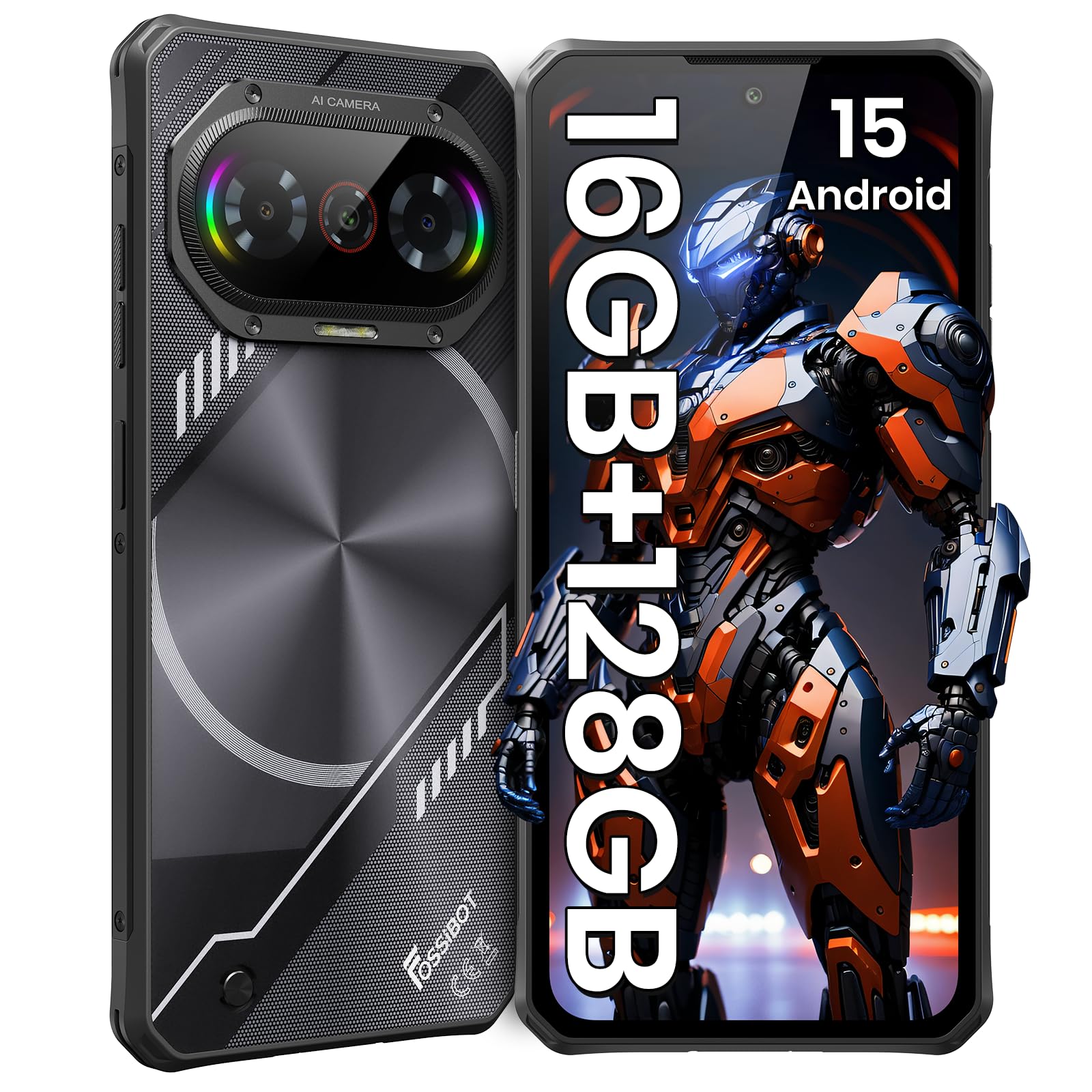 FOSSIBOT F114 Rugged Phone 6.67" HD+ 16GB +128GB/TF 2TB Android 15 Gaming Rugged Smartphone Octa Core 50MP Main Camera 5000 mAh Battery IP68/IP69K Waterproof Phone,Triple Slot/NFC/Face ID/GPS(Black)