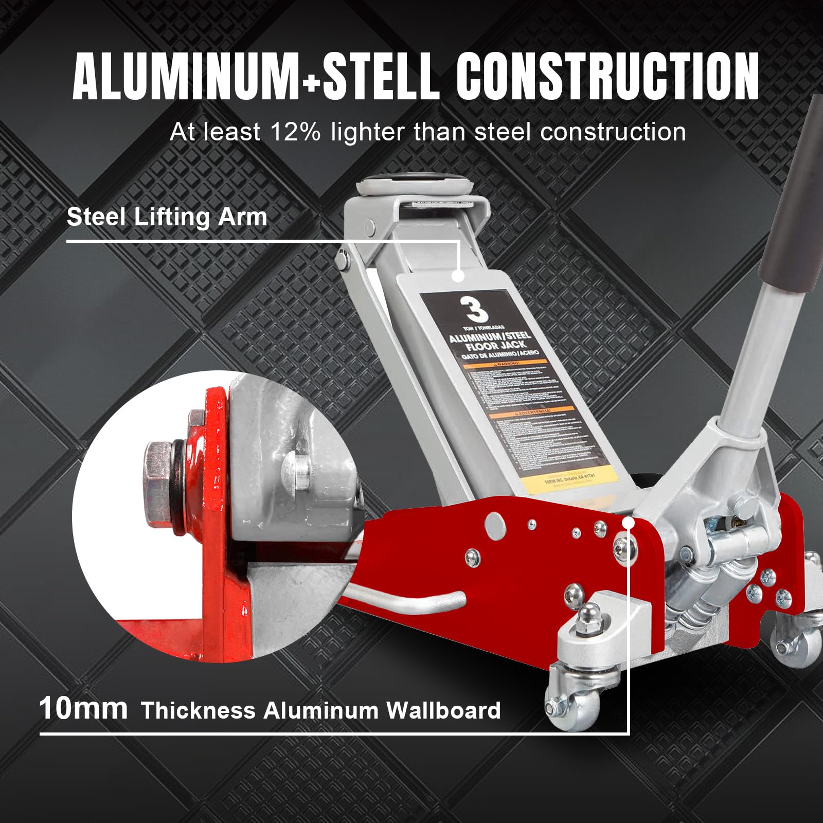 BIG RED AT830011LR Torin Hydraulic Low Profile Aluminum and Steel Racing Floor Jack with Dual Piston Quick Lift Pump, 3 Ton (6,000 lb) Capacity, Red