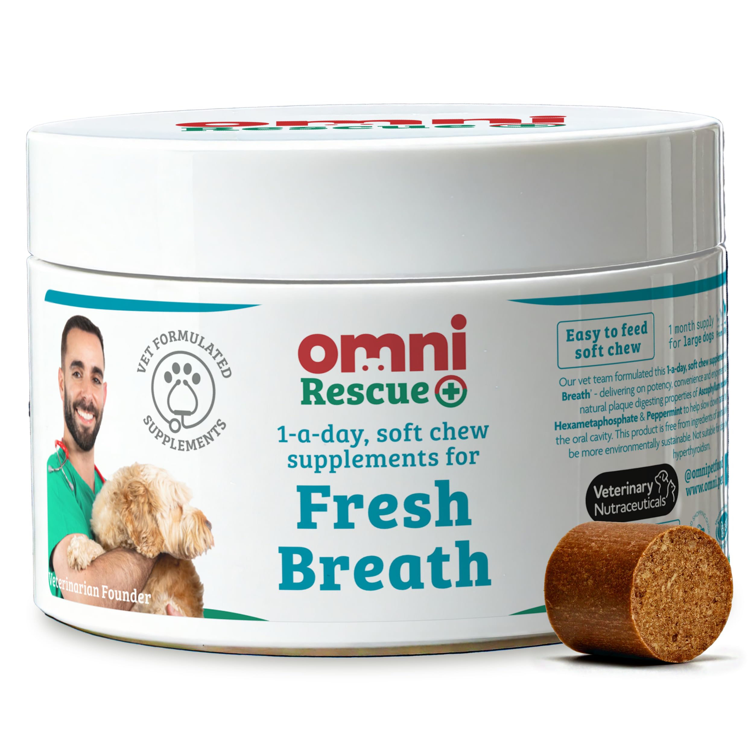 Omni Dog Breath Freshener Supplement - Dragons’ Den Winners, One-a-Day Peppermint Supplements for Dogs, Plaque Remover Dental Care, Fresh Breath for Dogs, 30 Servings, Large 30+ Kg