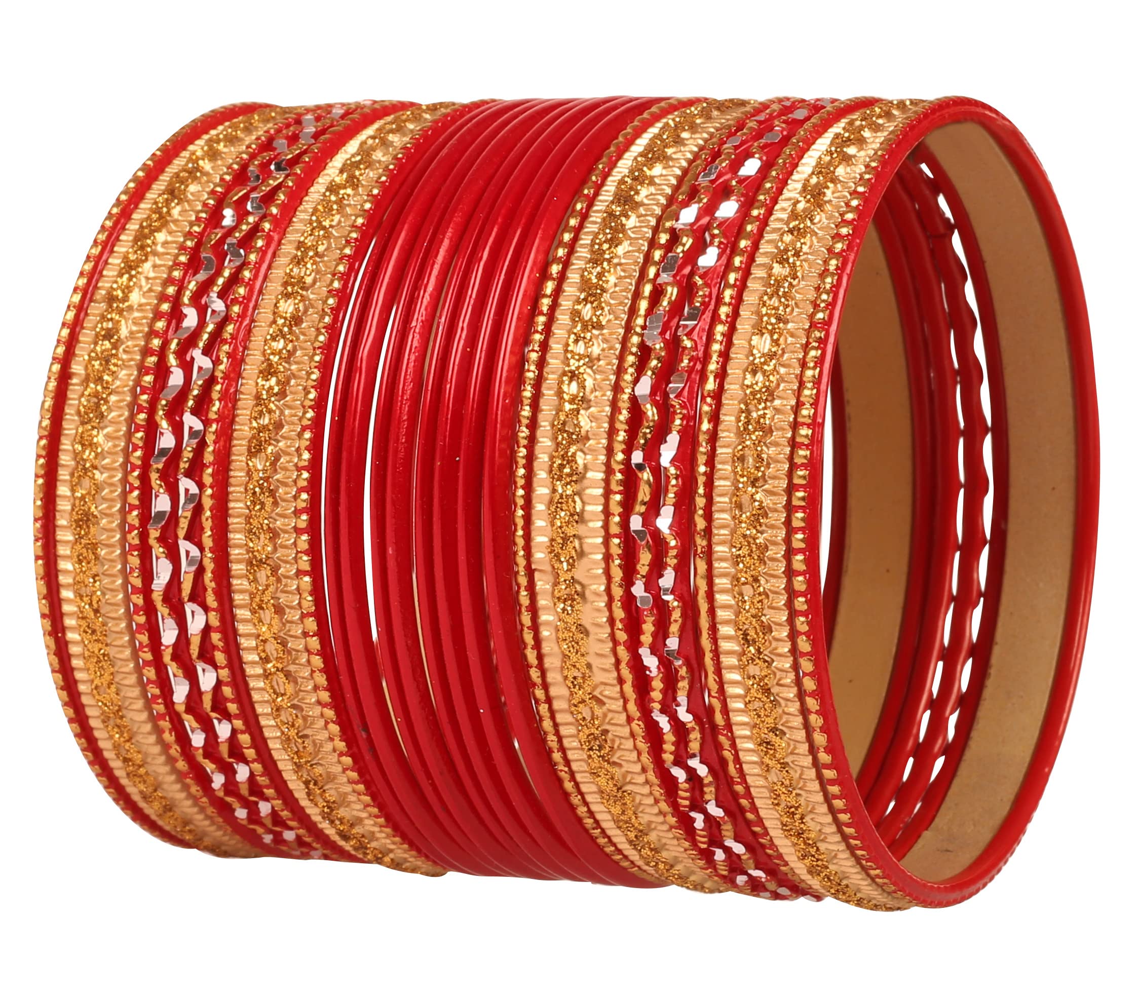 Touchstone NEW Colorful 2 Dozen Bangle Collection Indian Bollywood Alloy Metal Textured Hot Red Designer Jewelry Special Large Size Bangle Bracelets Set Of 24 In Antique Gold Tone For Women