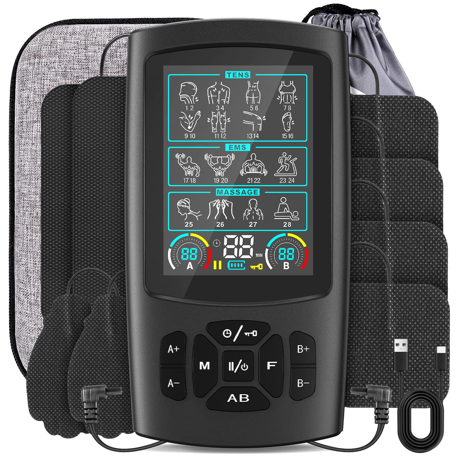 Photo 1 of 3-in-1 TENS Unit Muscle Stimulator with Color Display - Dual Channel EMS Machine, 28 Therapy Modes,40 Intensity Levels,8 Electrode Pads & EVA Case for Effective Pain Relief