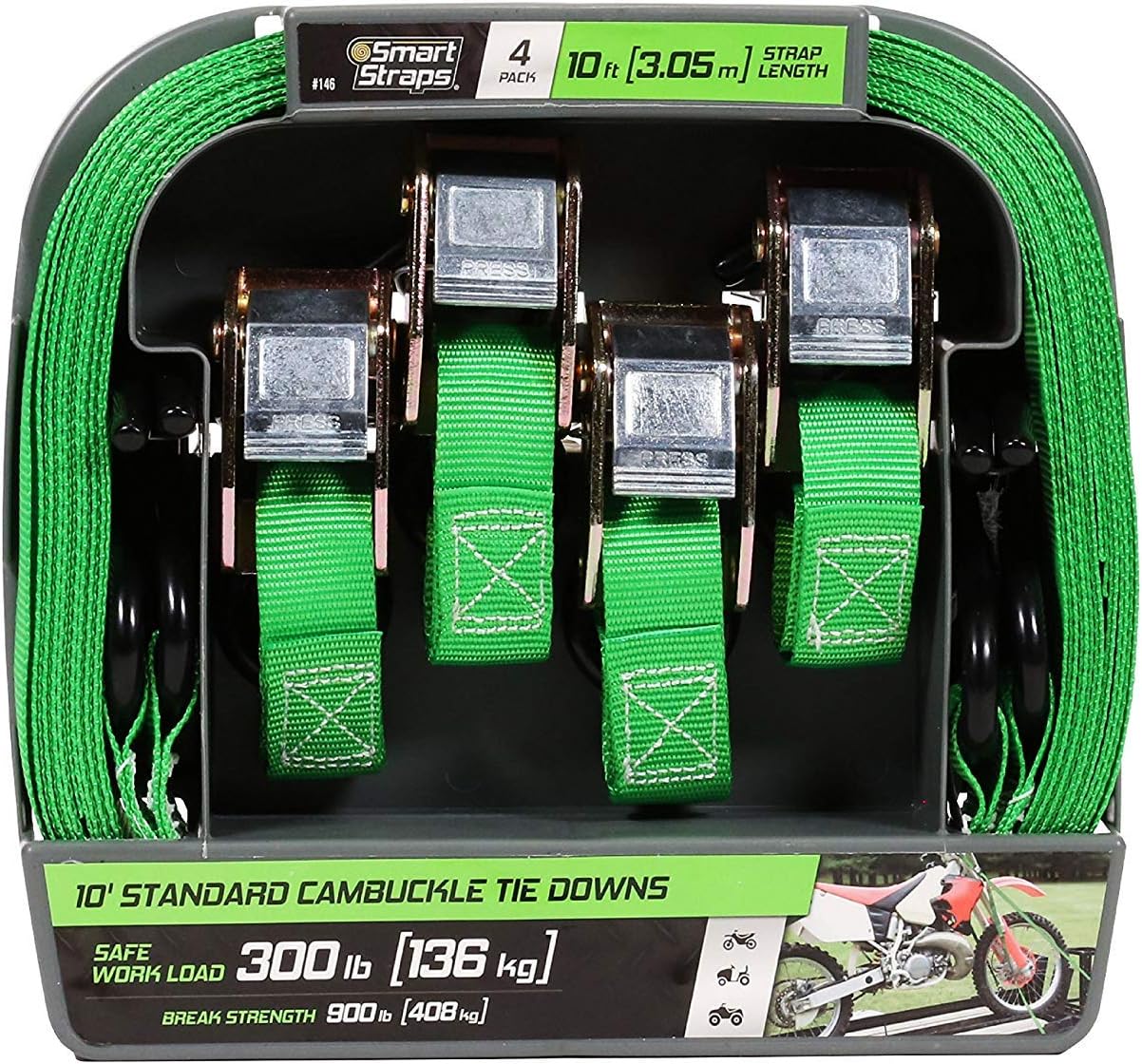 SmartStraps 10-Foot Cambuckle (4pk) 900 lbs Break Strength, 300 lbs Safe Work Load– Tie Down Fragile and Lighter Loads for Transport – Offers More Security Than Rope: Automotive