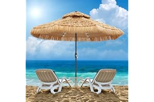 GDY 9 FT 32 LED Hula Thatched Tiki Umbrella, Hawaiian Style Beach Patio Umbrellas with Center Light for Patio Garden Beach Pool Backyard