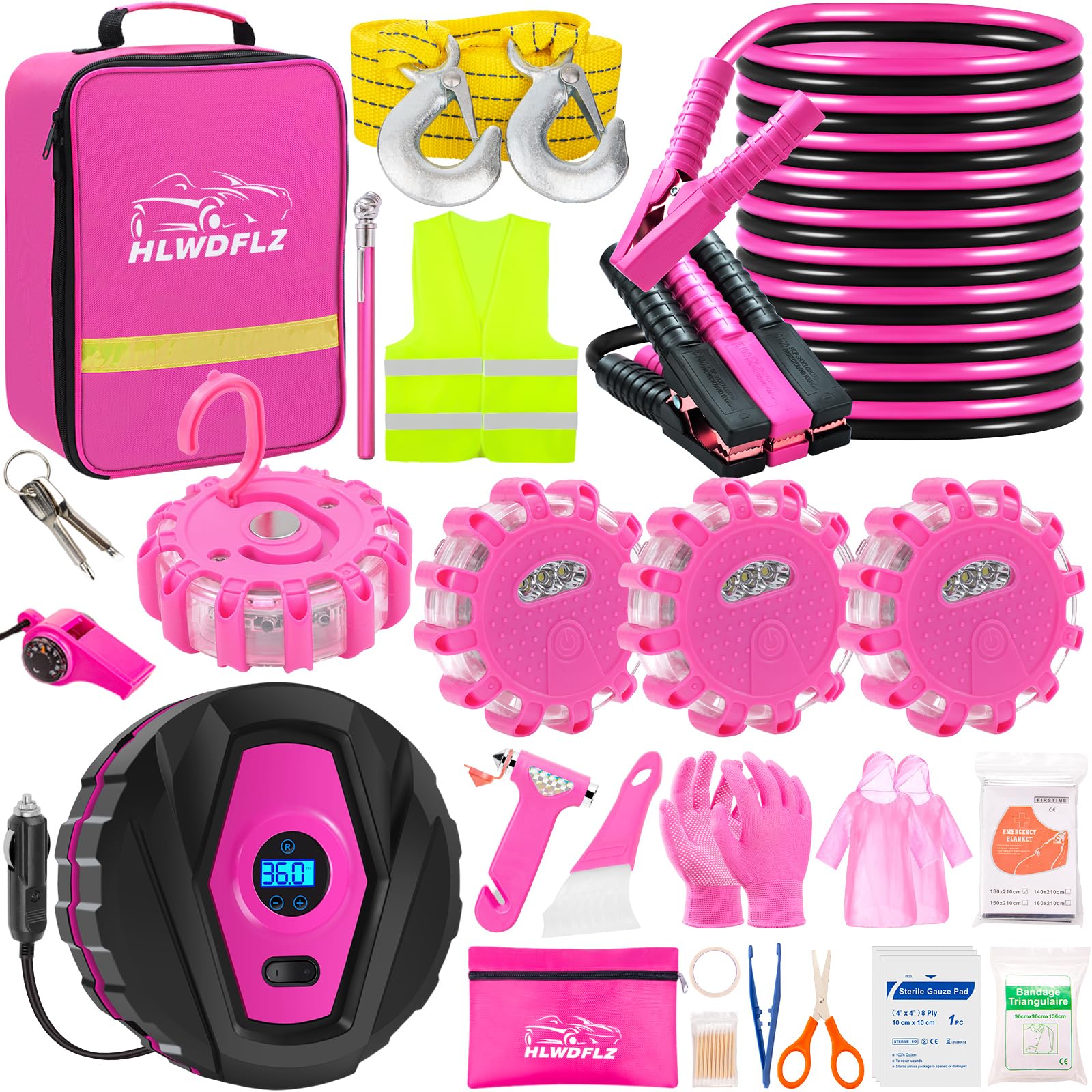 Photo 1 of HLWDFLZ Car Emergency Kit with Portable Air Compressor - Roadside Emergency Kit for Vehicles, Winter Car Safety Roadside Assist Kit, Emergency Car Kit for Teen Girl and Ladies L-77