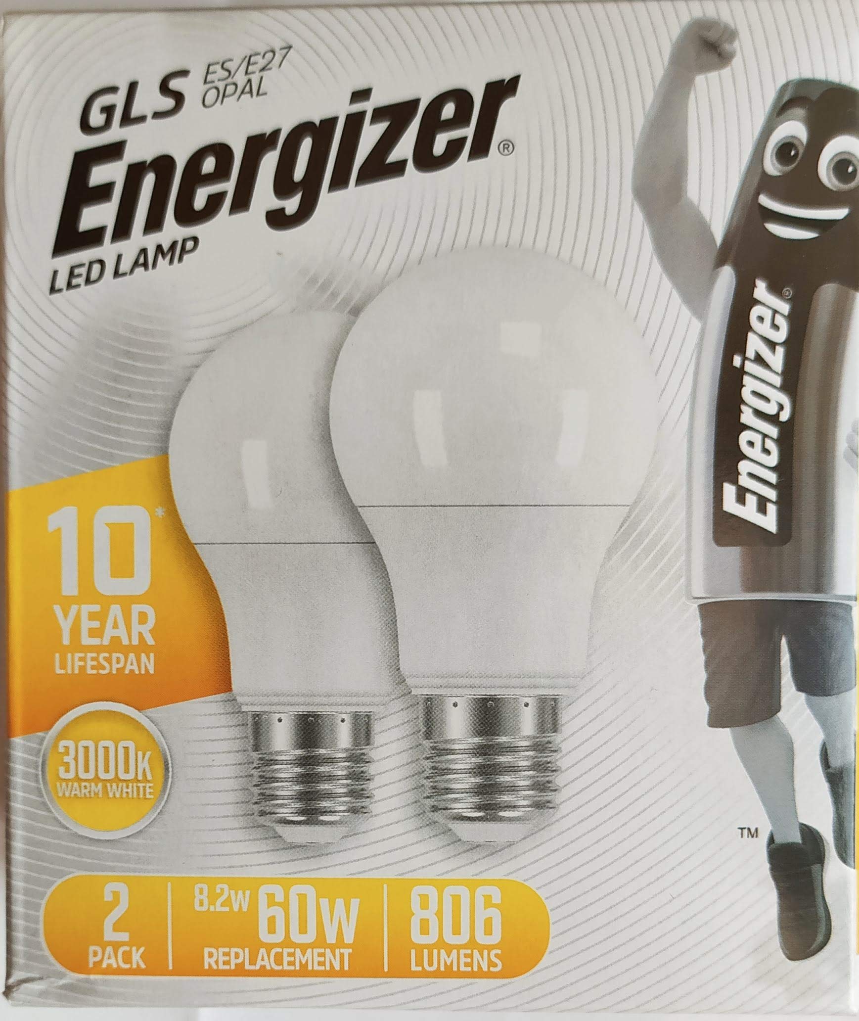 4 x Energizer LED LAMP GLS ES/E27 Opal Bulbs Warm White 3000K 8.2W Replace 60W 806 Lumens