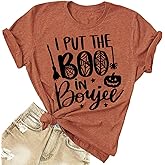 I Put The Boo in Boujee Women Funny Letter Print Halloween Shirts Classic Round Neck Casual Loose Fit Short Sleeve Tops