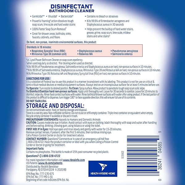 LYSOL POWER FOAMING BATHROOM CLEANER, MULTIPURPOSE CLEANER FOR SHOWERS, BATHTUBS, SINKS, DISINFECTANT SPRAY KILLS 99.9% OF GERMS, ZERO BLEACH CLEANING SPRAY, 32 OZ.
