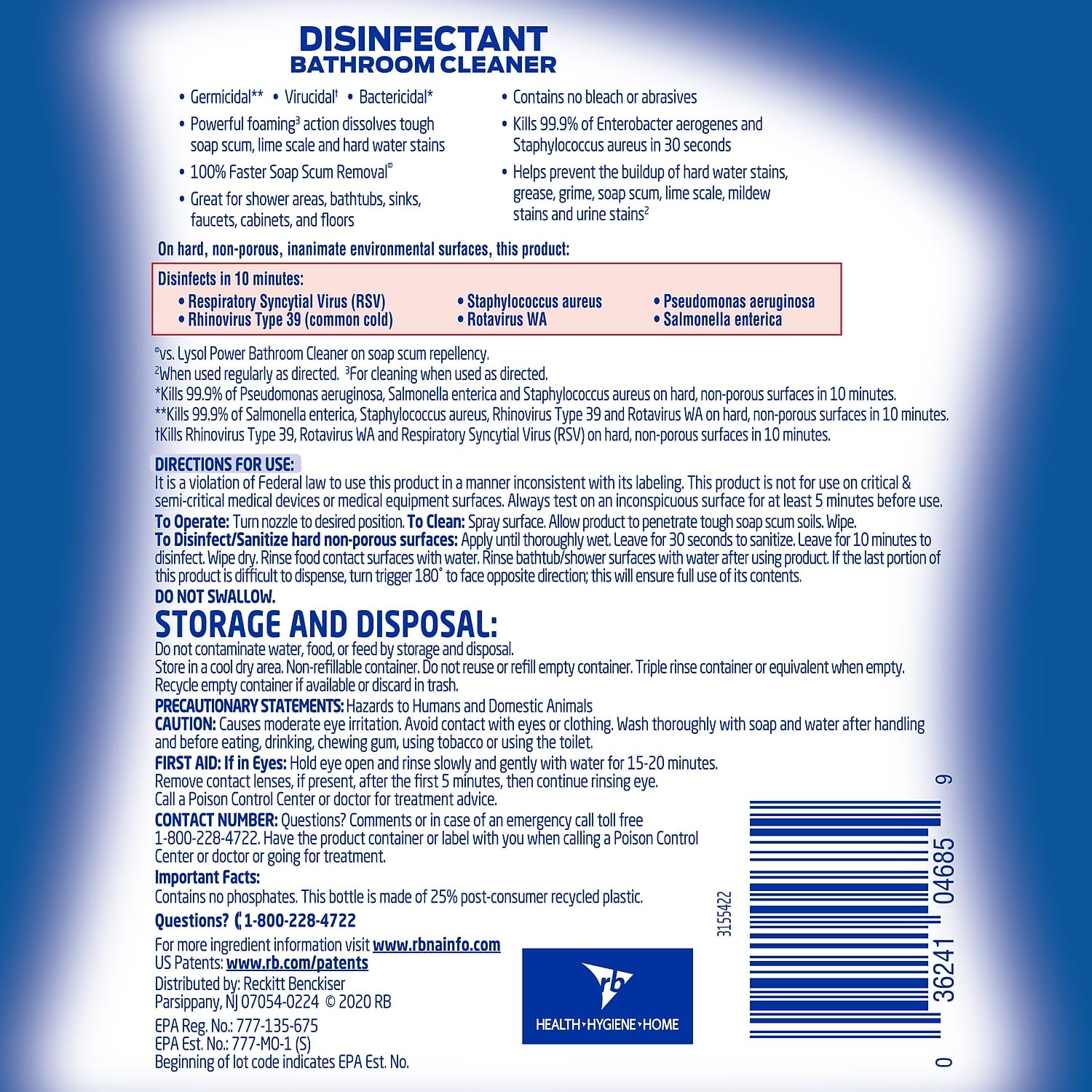 Lysol Power Foaming Bathroom Cleaner, Multipurpose Cleaner For Showers, Bathtubs, Sinks, Disinfectant Spray Kills 99.9% Of Germs, Zero Bleach Cleaning Spray, 32 Oz.