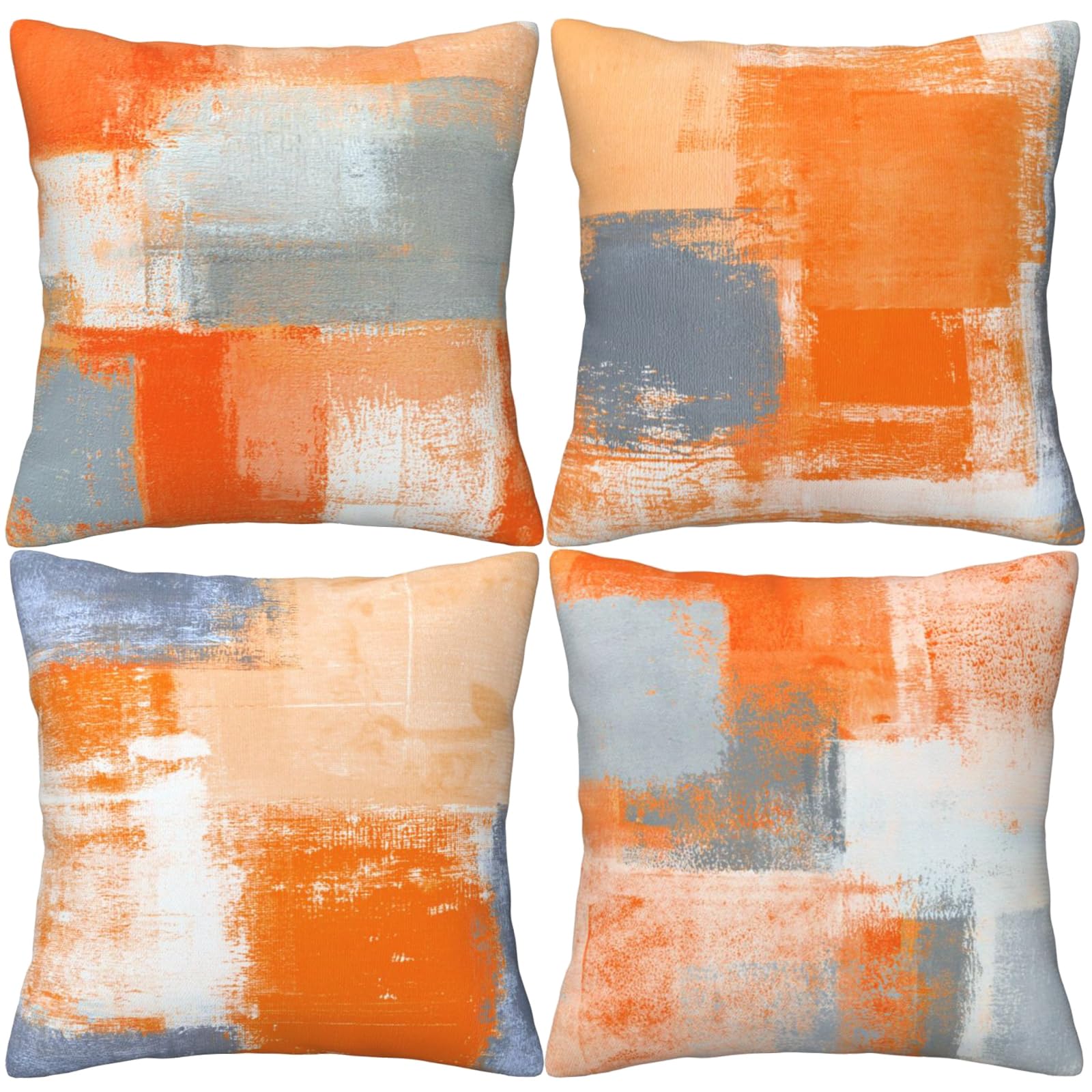 HOSTECCO Orange and Grey Cushion Covers 45x45 cm Pack of 4 Orange Abstract Pillow Cases Modern Decorative Throw Pillow Covers for Sofa Couch Living Room
