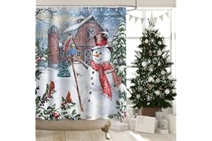 APROPHIC Christmas Snowman Shower Curtains for Bathroom Decor Cardinal Xmas Farmhouse Holiday Winter Waterproof Fabric Shower Curtain Set with 12 Hooks 72x72 Inch,White Red Blue
