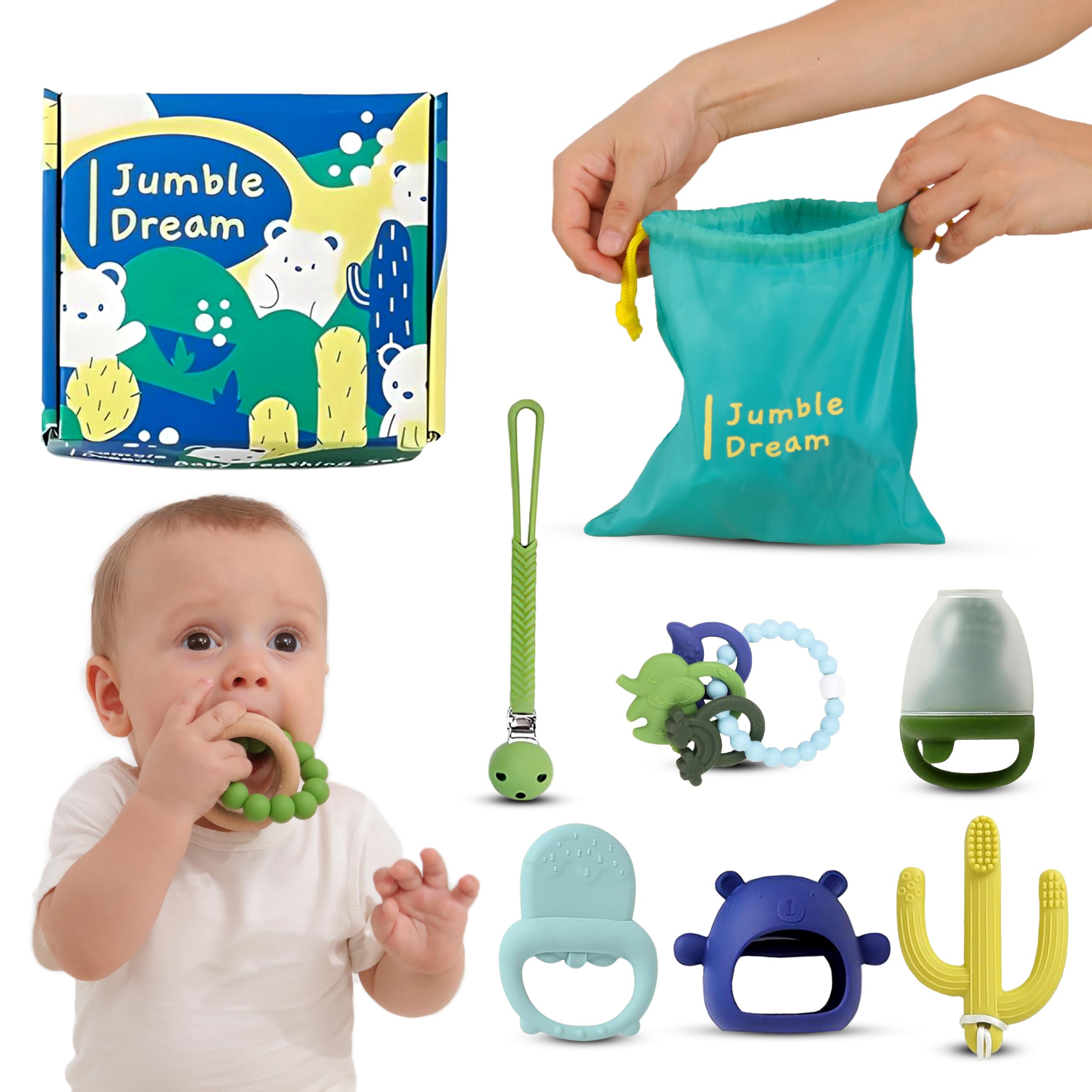 Baby Teething Essentials Kit - BPA-Free Baby Gift Teething Toys for 0-12 Months+ - Includes Fruit Feeder, Cooling Teether, Brush, and More - Easy-to-Hold, & Safe - Ideal Baby Gift