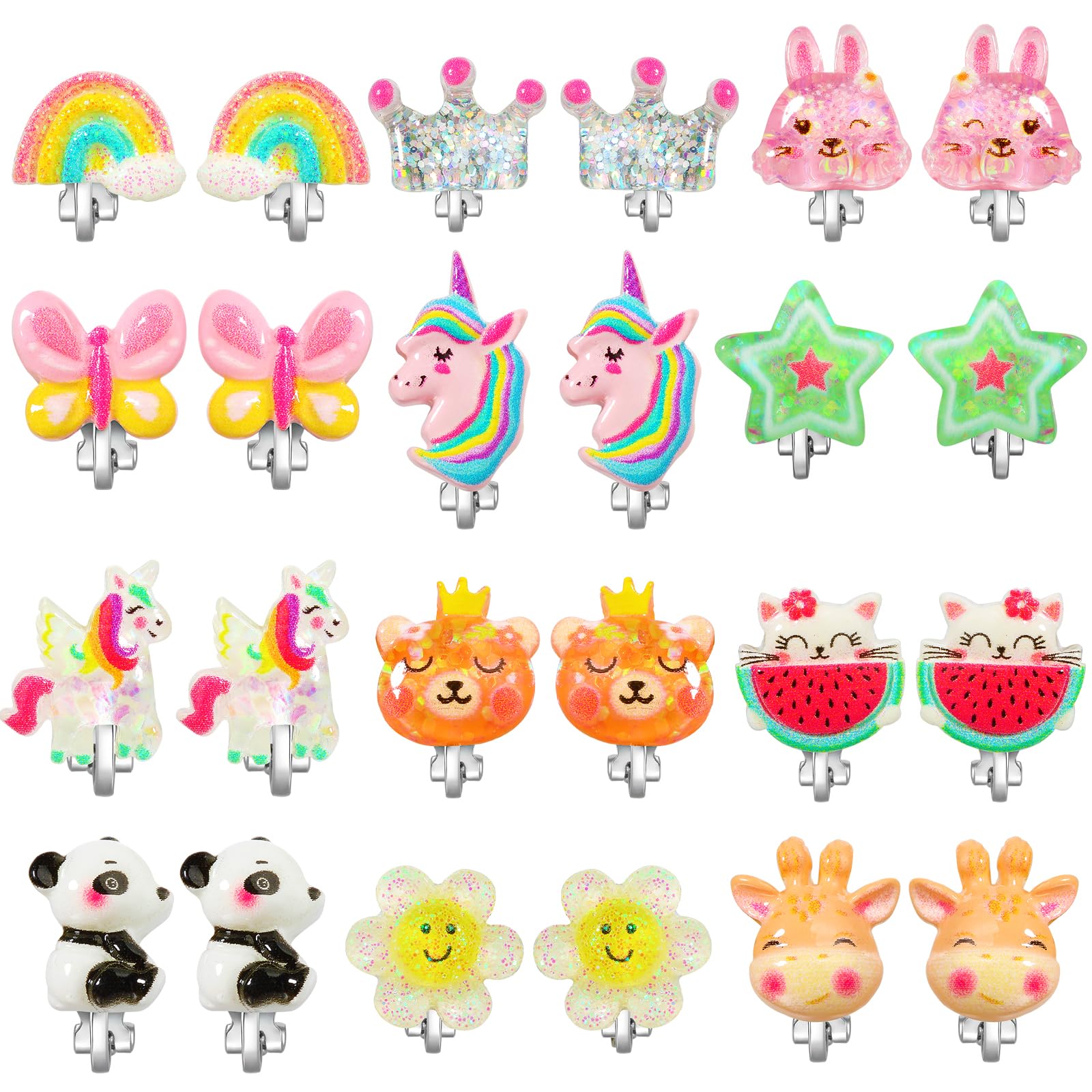 Powerking Clip On Earrings for Girls & Kids - 12 Pairs Toddler Earrings: Kawaii Ladybug, Unicorn, Rainbow, Princess Designs - Girl Gift