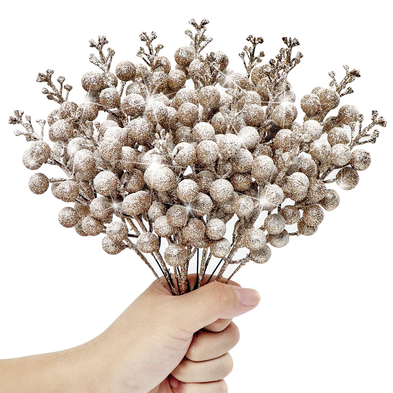 Kunjocy 12 Pcs Snowy Christmas Glitter Berries Stems, Frosted Christmas Berries Decorations Artificial Christmas Berries Picks for Christmas Wreath Garland Xmas Tree Ornament (Champagne)