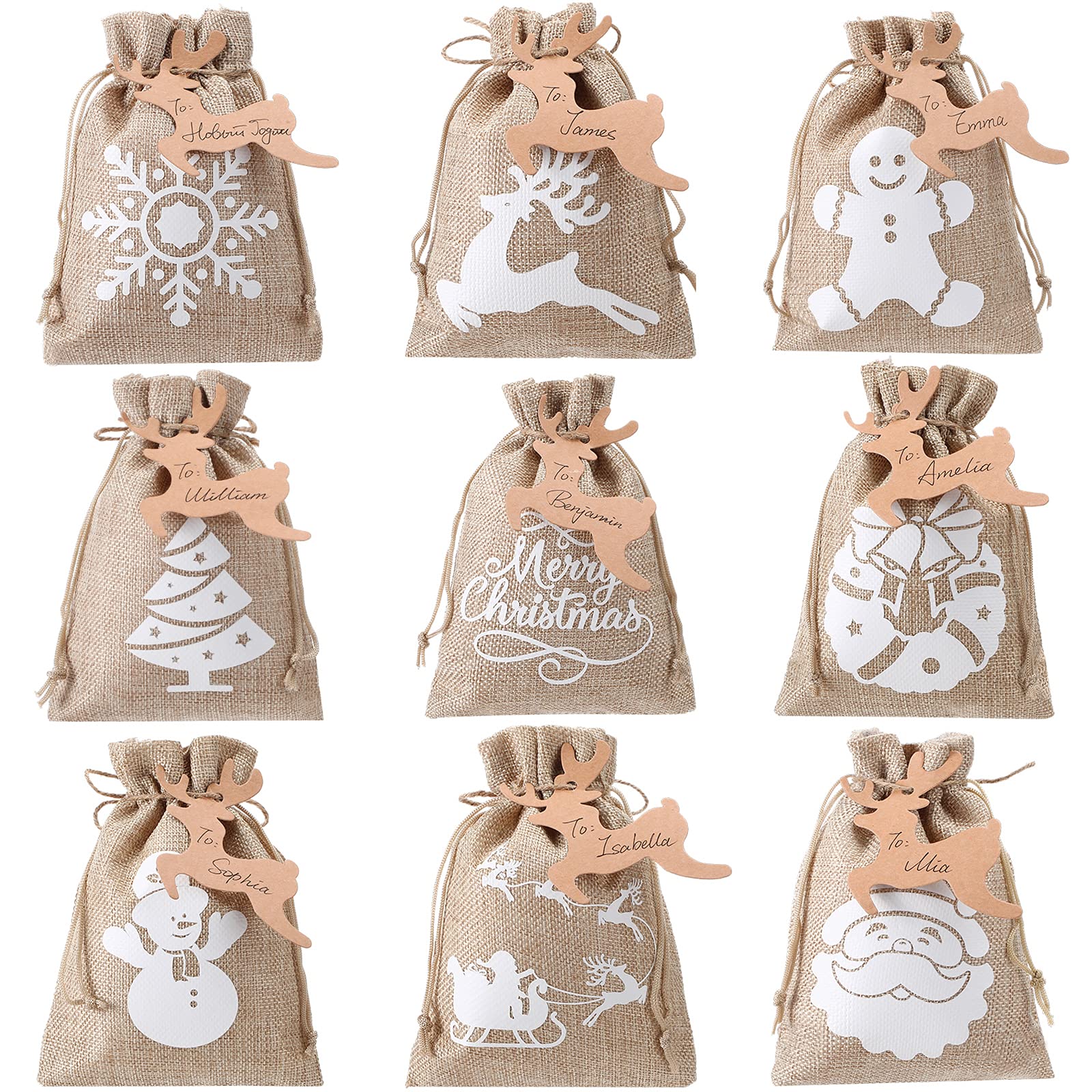 Shappy 18 Pcs Small Christmas Bags Bulk Xmas Treat Bags with Drawstrings, Burlap Pouches Candy Bag with Tag for Christmas Party Favor DIY Craft (Flaxen, 7 x 5.1 inch)