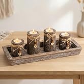Romadedi Wood Tray with 4 Tea Light Candle Holders, Table Centerpiece | Farmhouse Boho Decor, Beaded Wood Design with Two Heights, forDinning &amp; Coffee Table, Mantel, Shelf, Kitchen Counter
