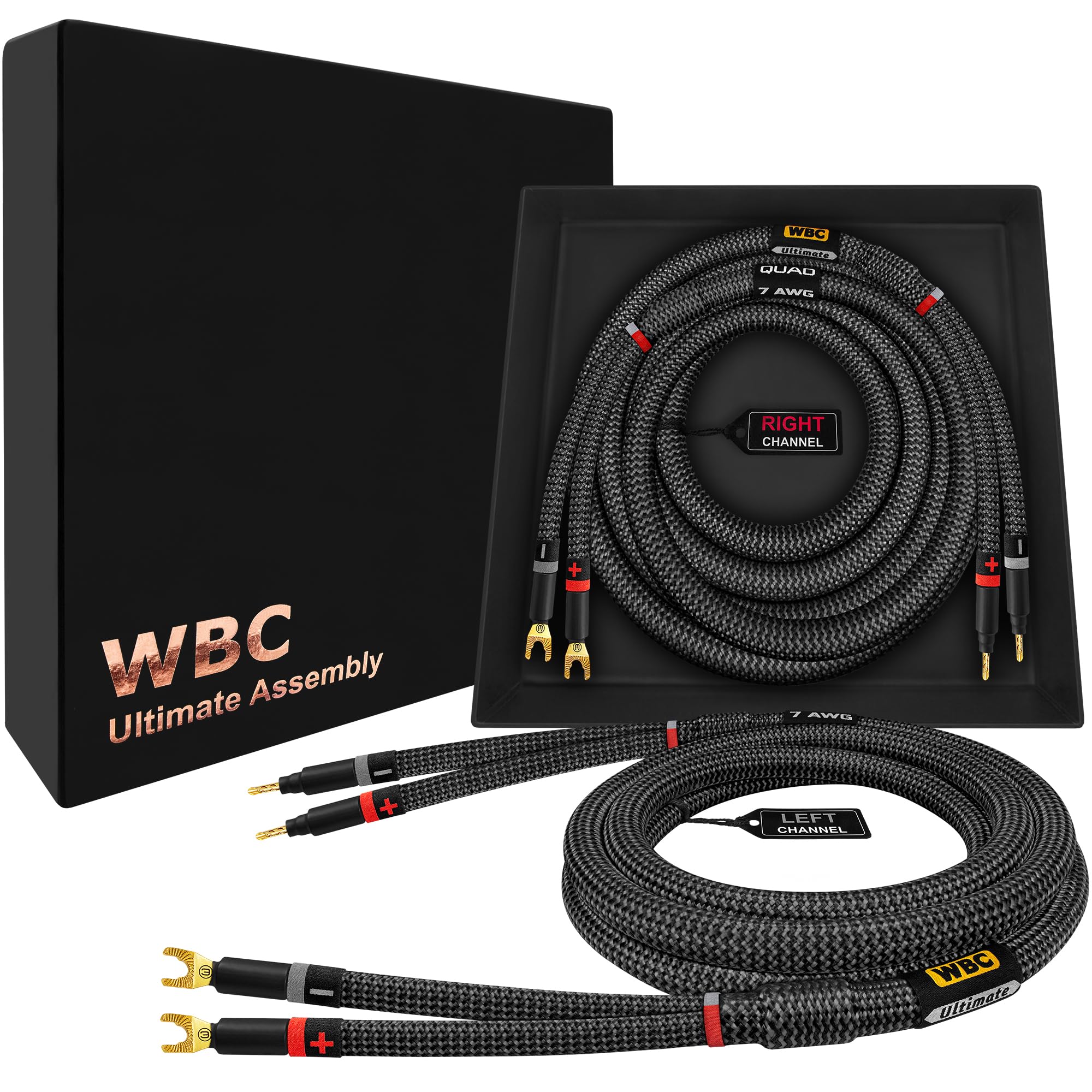 WORLDS BEST CABLES 1.5 Meter ULTIMATE - 7 AWG - Ultra-Pure OFC – Extra Premium Audiophile HiFi Speaker Cable Pair with Eminence Gold Banana (x2) & Spade (x2) Plugs & Carbon Tweed Jacket