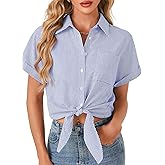 Vrtige Women's Stripe Button Down Collar Neck Tie Knot Short Sleeve Blouse Shirt with Pocket