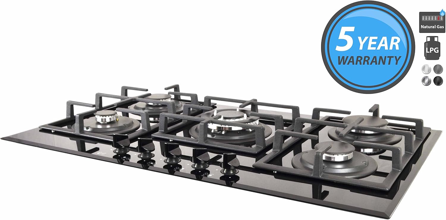 90cm Gas on Glass Cooking Hob with 5 Burners and Front Control (Natural
