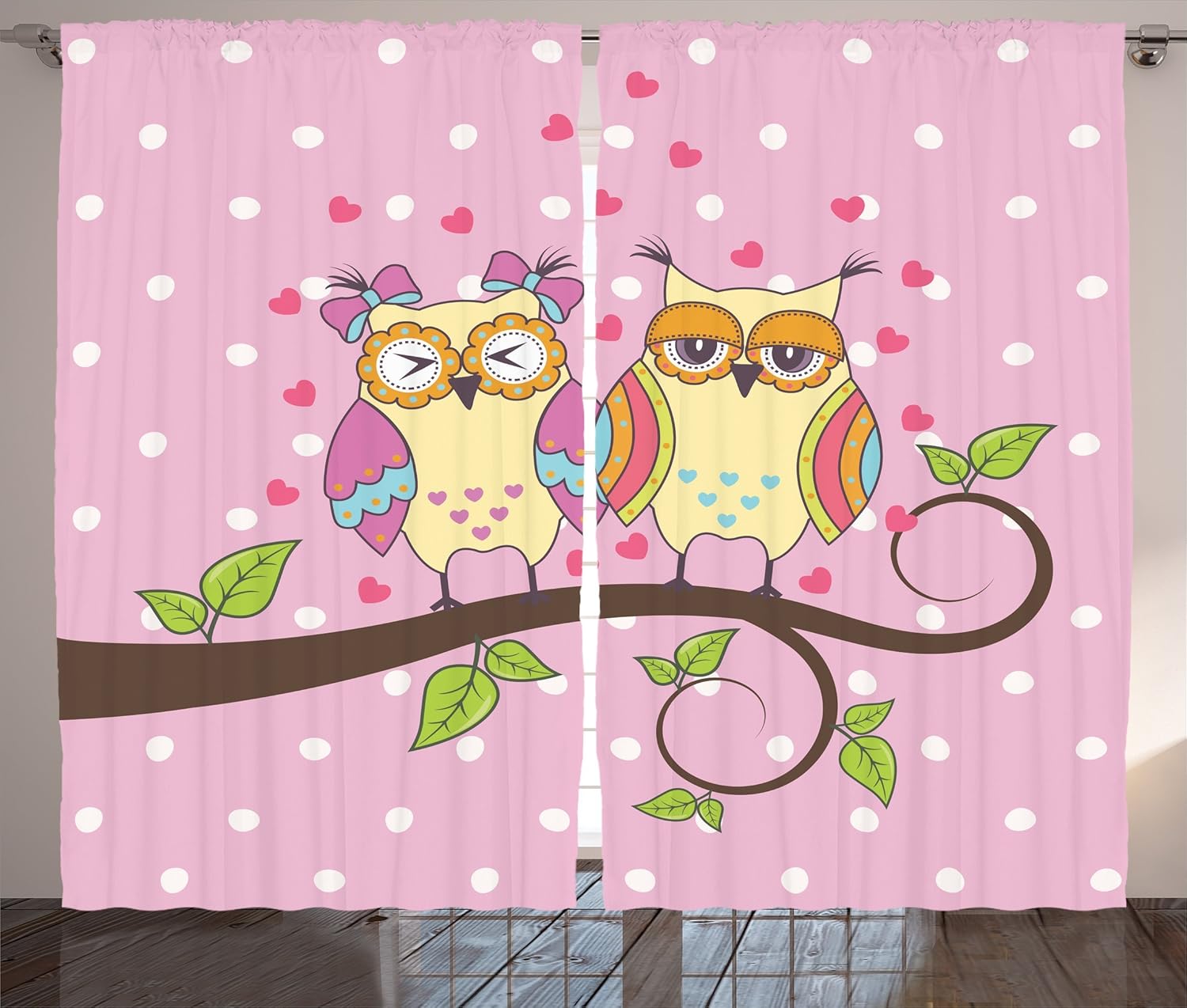 Ambesonne Owls Home Decor Curtains, Owls Love Valentines on