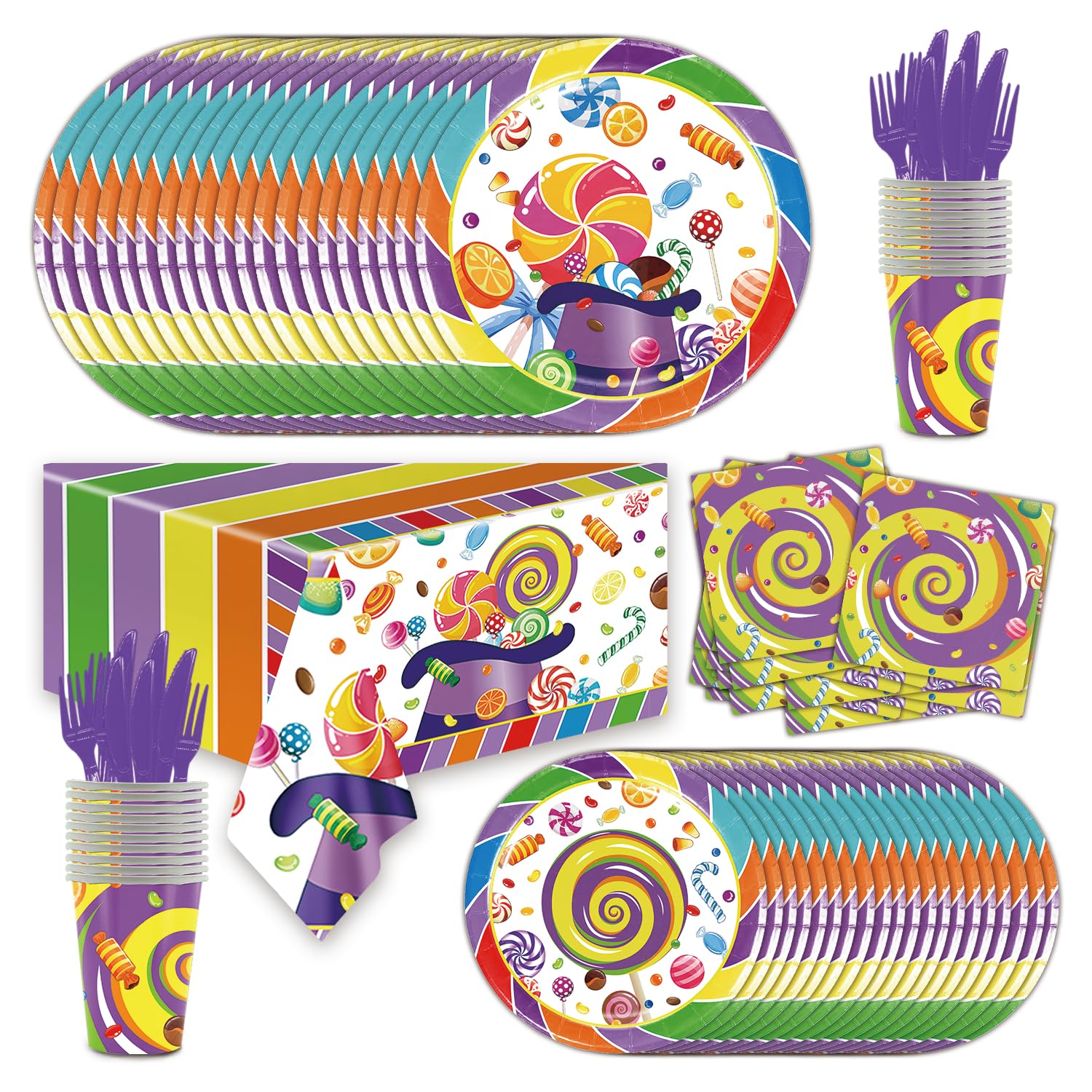Photo 1 of 141Pcs Chocolate Candy Birthday Decorations Plate Include Plates-Napkins-Cups-Forks-Knives and Tablecloth for Kids Birthday Party Supplies