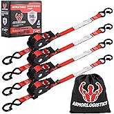 ARMORLOGISTICS Retractable Ratchet Straps 4 Pack, 1 in x 12 FT Auto Ratchet Straps for Motorcycle, Kayak and Trucks, Breaking Strength 1,500LBS/500LBS Working Load Limit Red