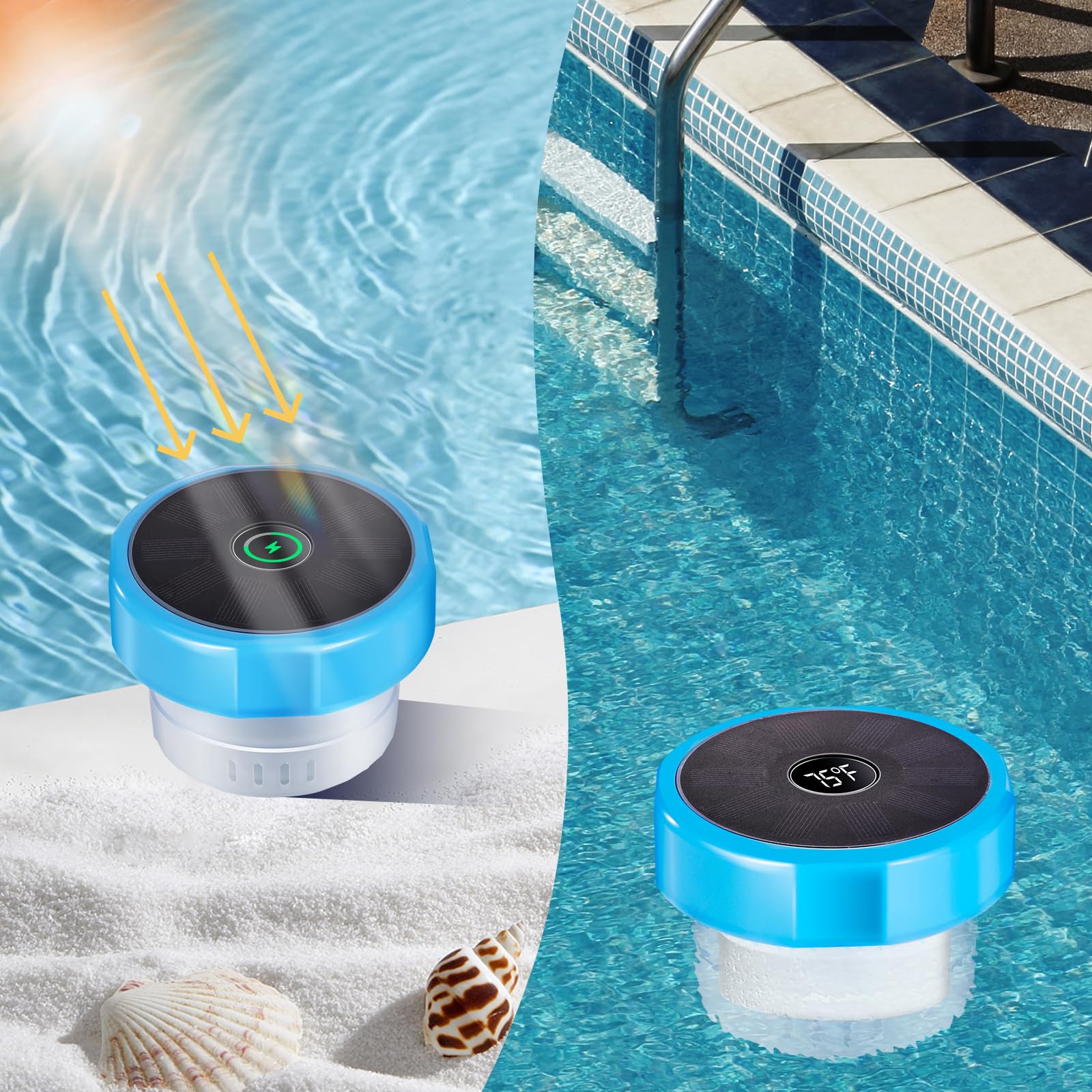 Photo 1 of Pool Chlorine Floater with Temperature Display, Floating Chlorine Dispenser Fit for 1" and 3" Tablets Solar Charging,Anti-Sinking Dispenser for Pond Spa Hot Tub Floating Easy Opening Blue