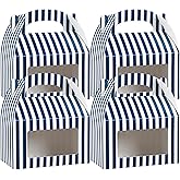 Bio Tek 6 x 3.5 x 3.5 Inch Gable Boxes For Party Favor, 25 Striped Gift Boxes - Clear Window, Built-In Handle, Blue And White Paper Barn Boxes, Disposable, For Parties
