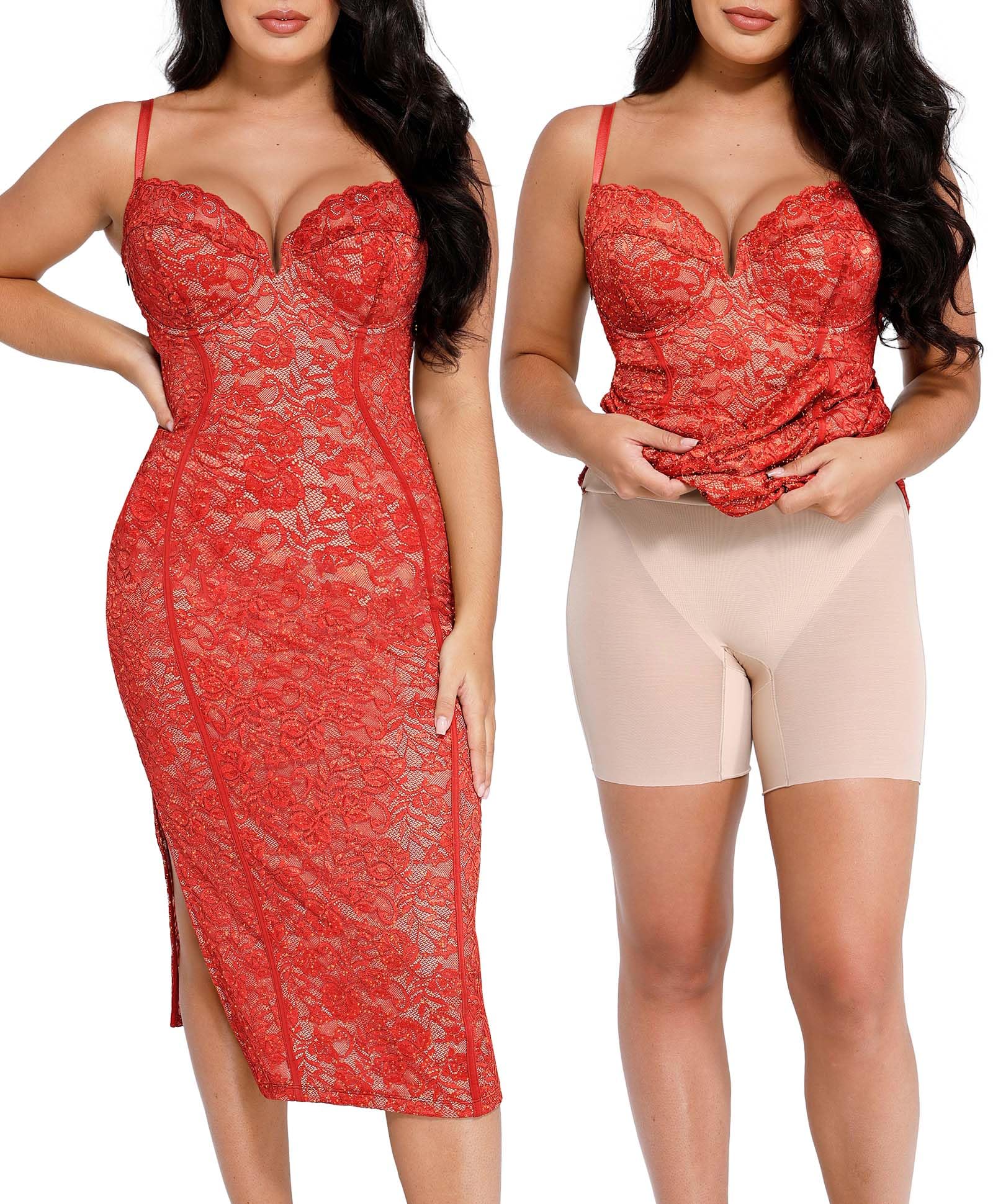 Photo 1 of Popilush Cocktail Dresses for Women Lace Corset Dress with Built in Shapewear Deep V Neck Formal Midi Dress Side Slit Burgundy