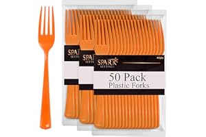 Orange Plastic Forks Disposable 50 Pack, Heavy Duty Plastic Silverware, Plastic Cutlery Ideal for Hot and Cold Food, Plastic Utensils for Home Office School Party Picnics Weddings - SparkSettings