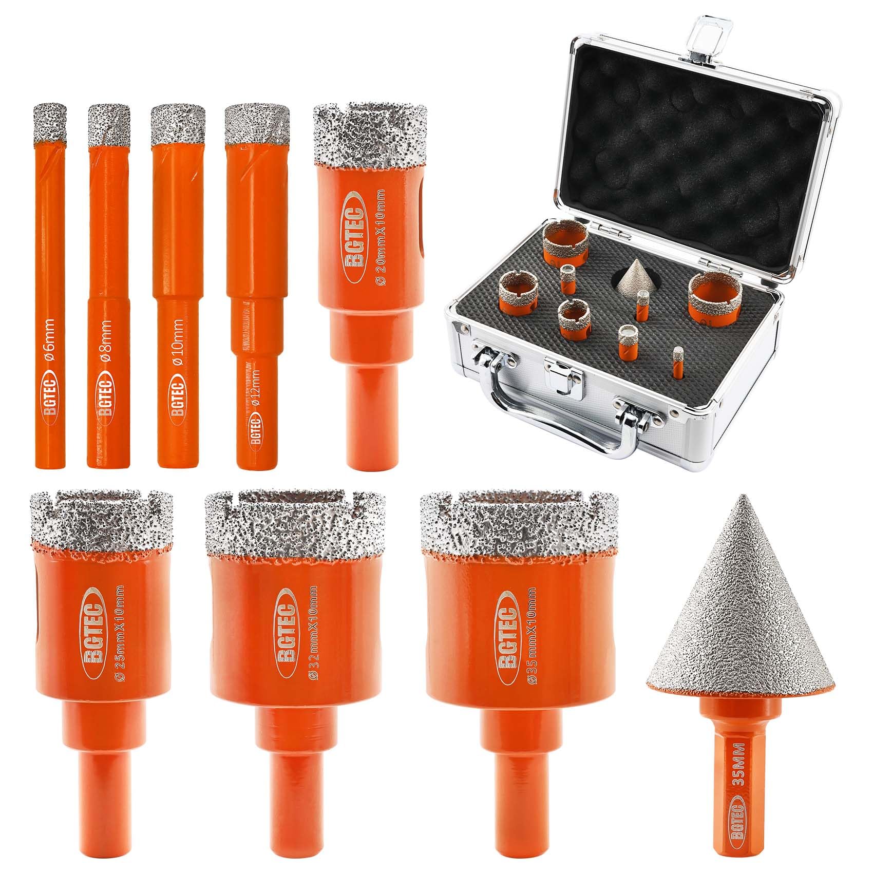 BGTEC Diamond Core Drill Bits Set - 9pcs(6/8/10/12/20/25/32/35mm+35mm Chamfer Bit) Diamond Hole Saw with Rounded Shank for for Ceramic Porcelain Tiles Marble Granite Concrete Masonry