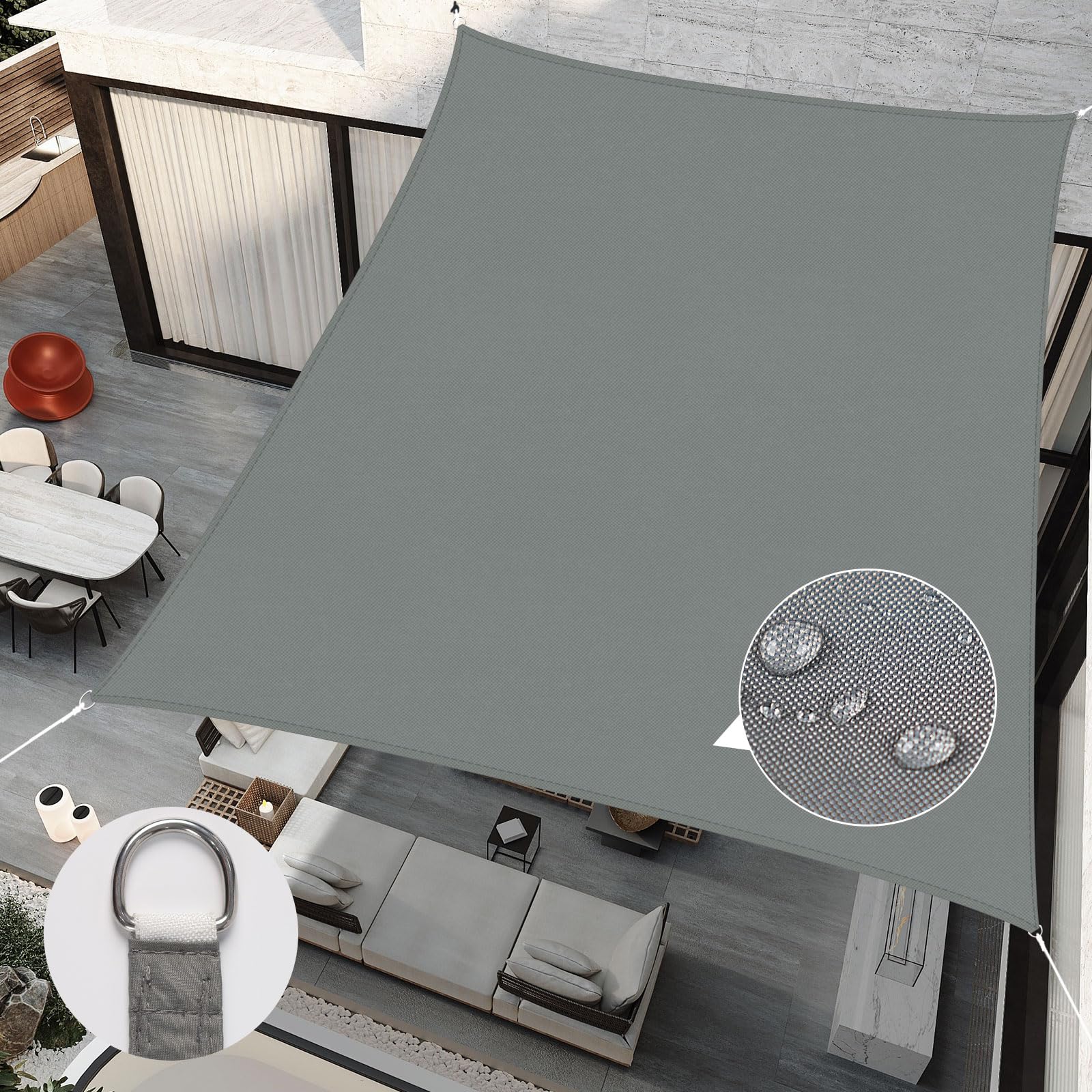 RICHIE Sun Shade Sail Rectangle 2m x 3m Waterproof, 98% UV Block Awnings for Patios with Free Rope, Sunscreen Awning Canopy, Rectangular Garden Shelter for Outdoor Garden Patio Yard Lawn Party, Grey