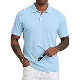 JMIERR Mens Polo Shirt Textured Short Sleeve Summer Button Collar Knitted Golf Polos