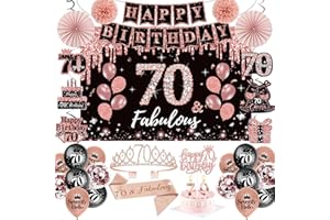 70th Birthday Decorations for Women,52Pcs PRE-STRUNG Rose Gold Black Party Set-70 Years Old Crown and Sash,Banner Backdrop Ba