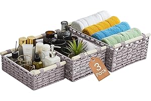 DECOMOMO Bathroom Basket Wicker Storage Baskets for Organizing, Toilet Paper Storage, Countertop, Pantry, Home Décor (Grey – 3 Pack)