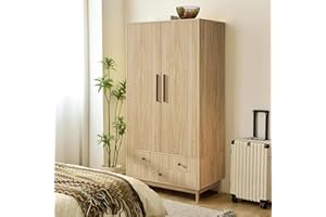 Fsbecl Armoire Wardrobe Closet with 2 Fluted Doors Wardrobe Cabinet with Shelves and Hanging Rod Freestanding Clost Modern Wooden Bedroom Armoire Cabinet Clothing Organizer with Drawers (Natural)
