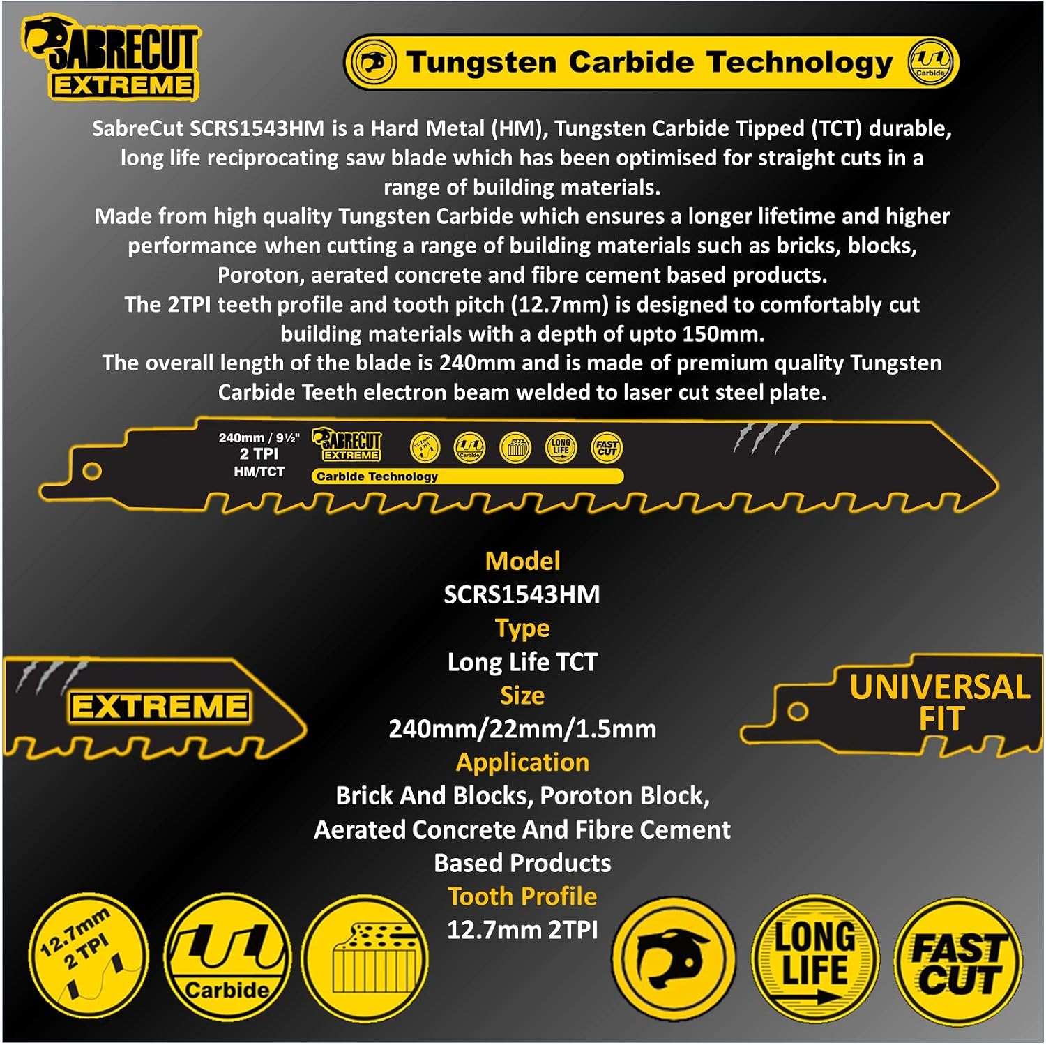 2 x SabreCut SCRS1543HM_2 Tungsten Carbide 240mm 2 TPI S1543HM Small Bricks Poroton Fibre Cement Concrete Straight Cutting Reciprocating Sabre Saw - Image 4