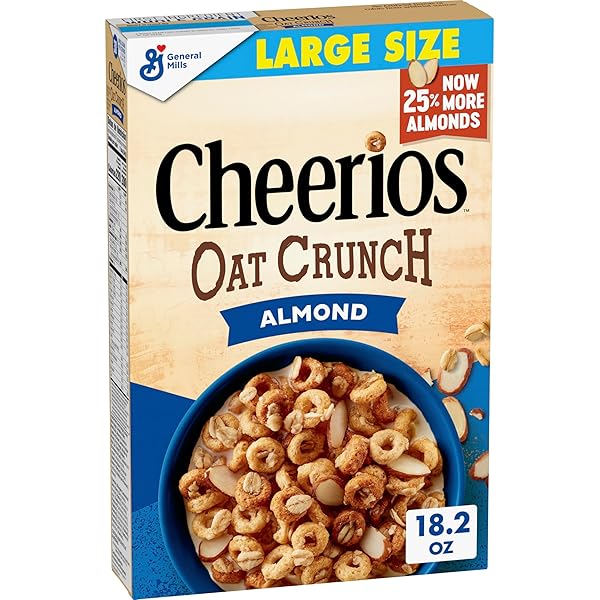 CHEERIOS OAT CRUNCH ALMOND BREAKFAST CEREAL, MADE WITH WHOLE GRAIN, LARGE SIZE, 18.2 OZ