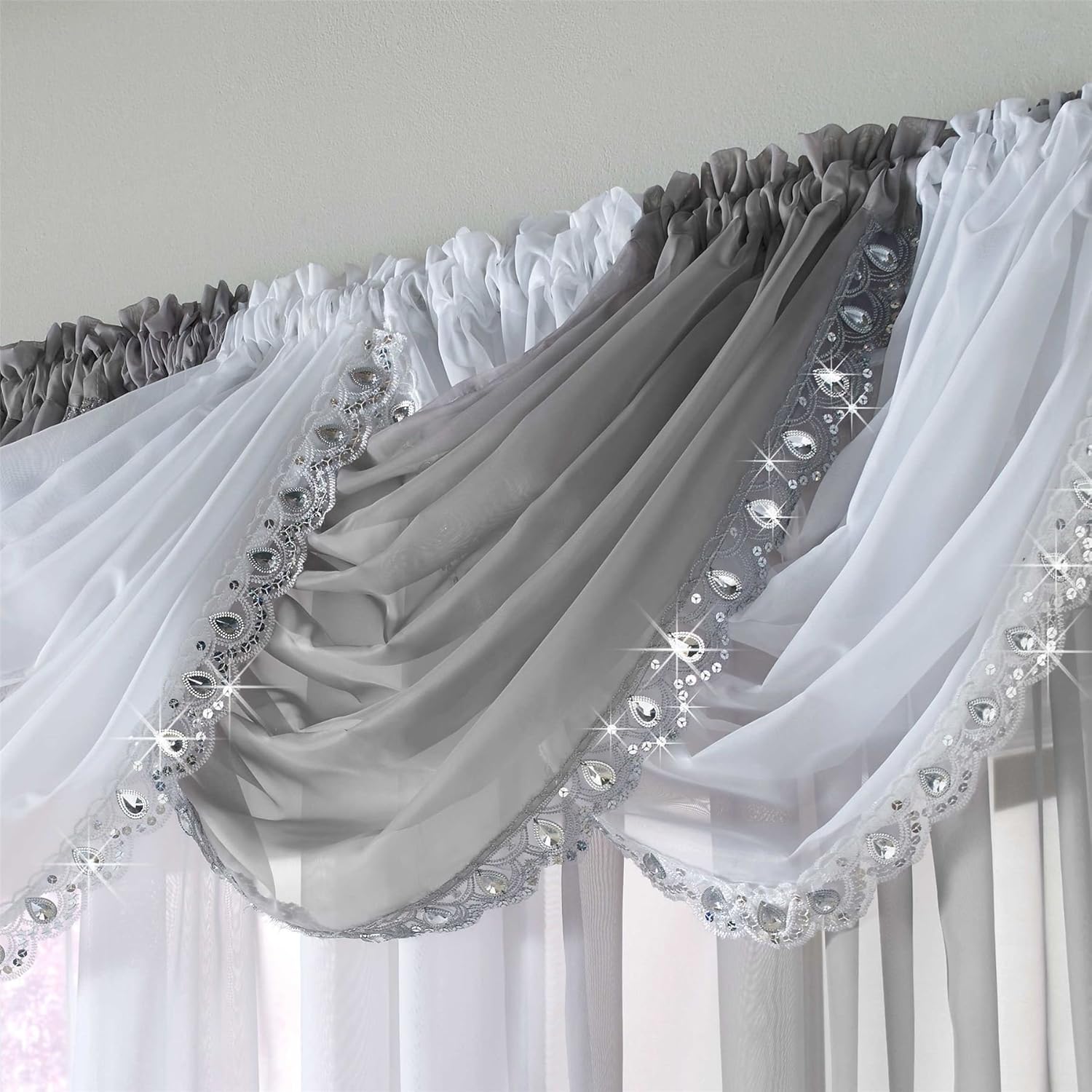 Jewelled Crystal Sparkle Voile Curtain Swag, Ready Made Bling Swags, Sequin Gem Sparkle Trim