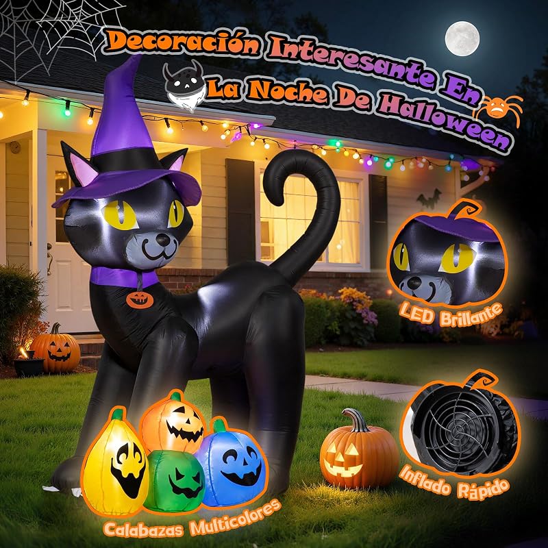 180CM Hinchable Decoracion Halloween Gato Negro Mágico con LED Incorporadas y Estacas y Correas, Calabazas Decoracion Halloween Exterior para Césped Jardín Festival Fiesta Decoración — foto 5 de 8