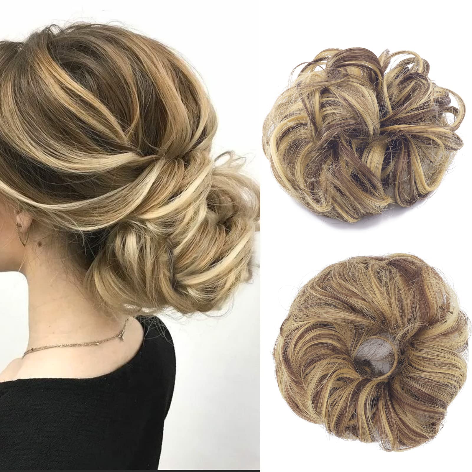 Cybelleza Messy Bun Hair Piece Curly Hair Scrunchies Thick Messy Hair Bun Updo Hairpiece Synthetic Ribbon Ponytail Extensions Donut Chignons Wavy Wig for Women Girls, 35g Blonde & Brunette